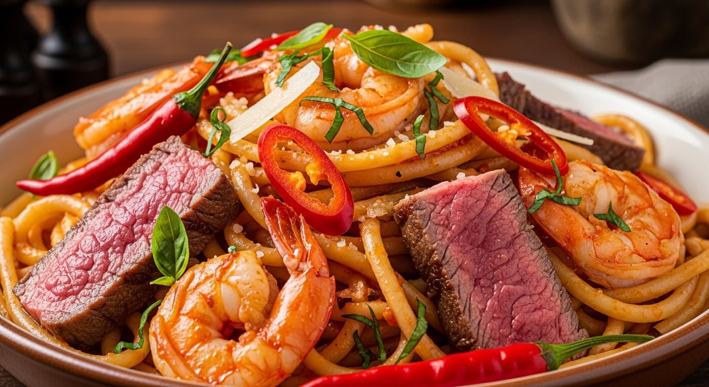 Calabrian Steak & Shrimp Bucatini