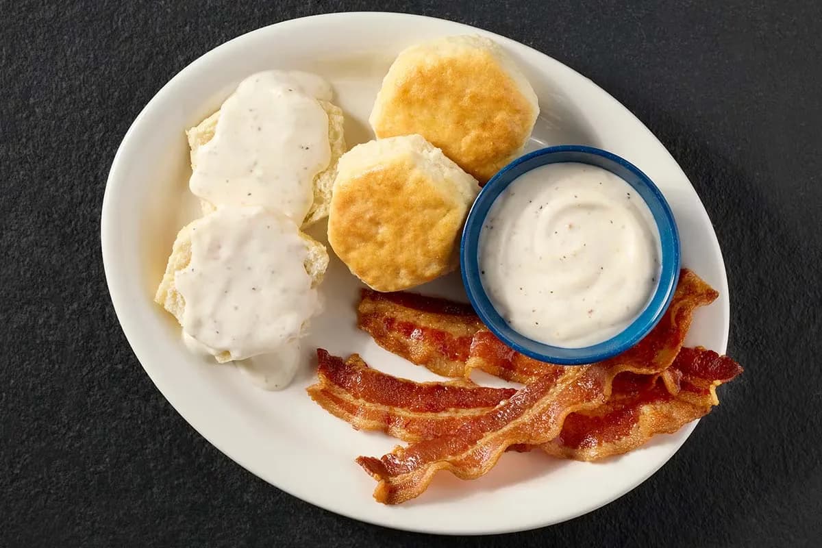 Biscuits n' Gravy with Bacon or Sausage at Cracker Barrel