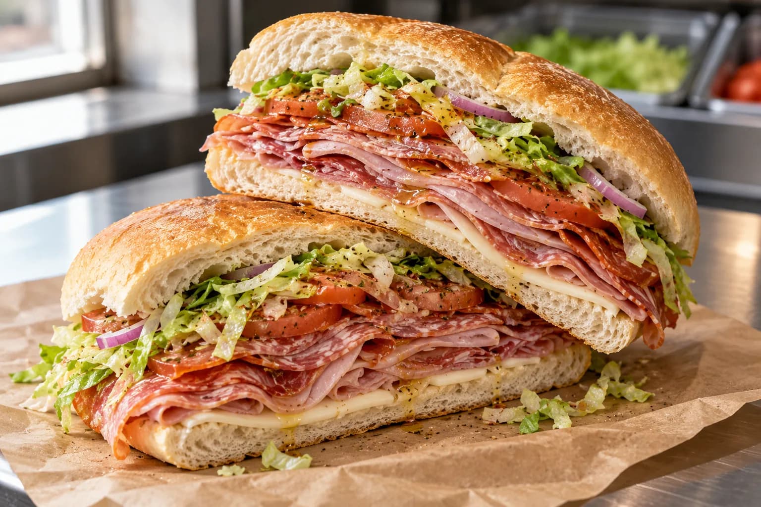 An Italian cold cut sub cut in half on deli paper, layers of provolone, ham, salami and pepperoni showing