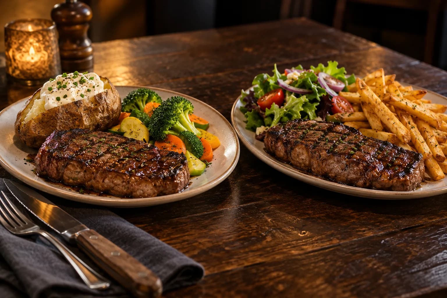 Two steakhouse sirloin dinners side by side, one with a baked potato and one with fries