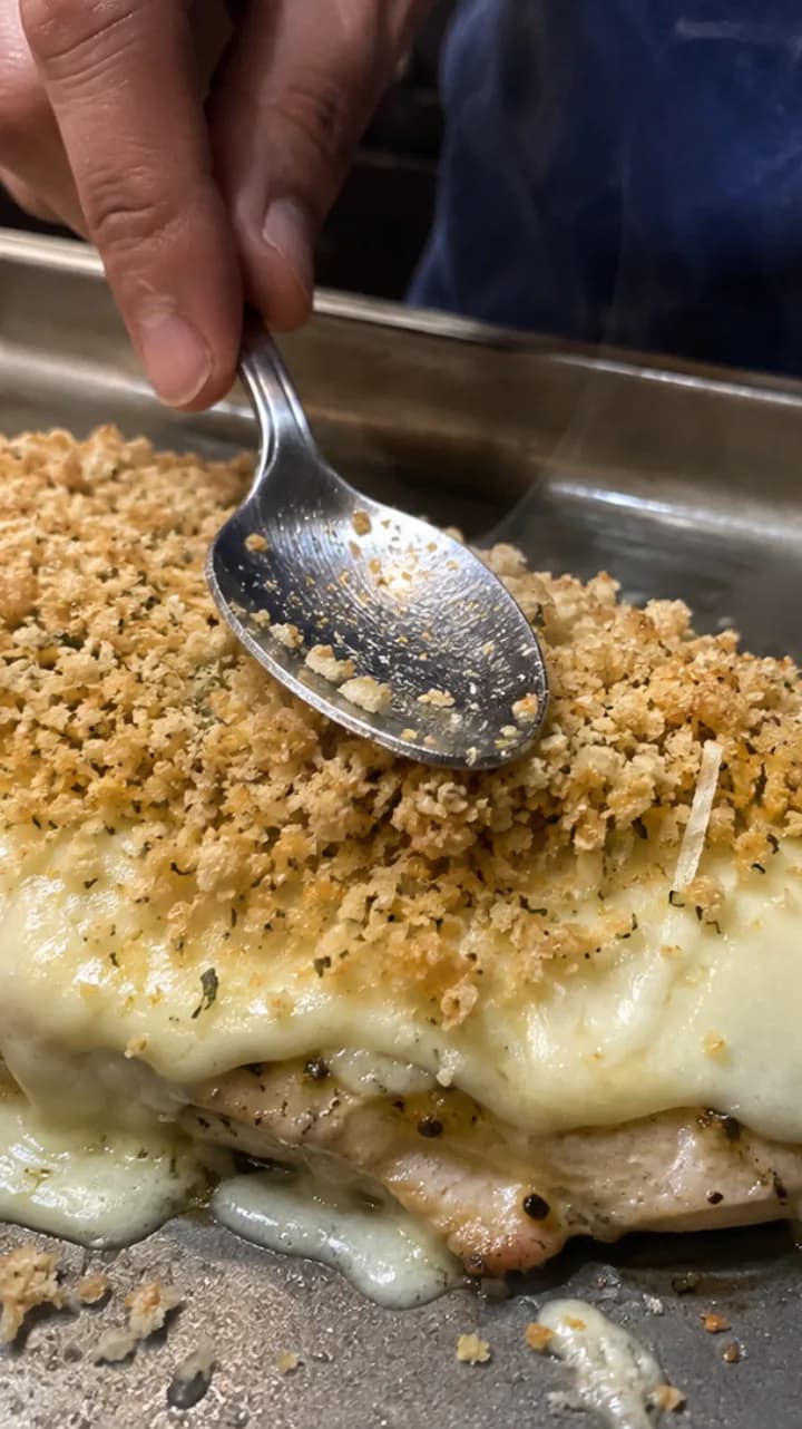 Top with panko and broil - LongHorn Parmesan Crusted Chicken Copycat Recipe