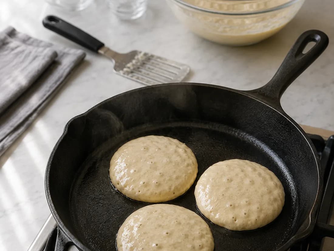 Rested batter mounds in the pan - Fluffy Pancake Recipe (Tall and Light)